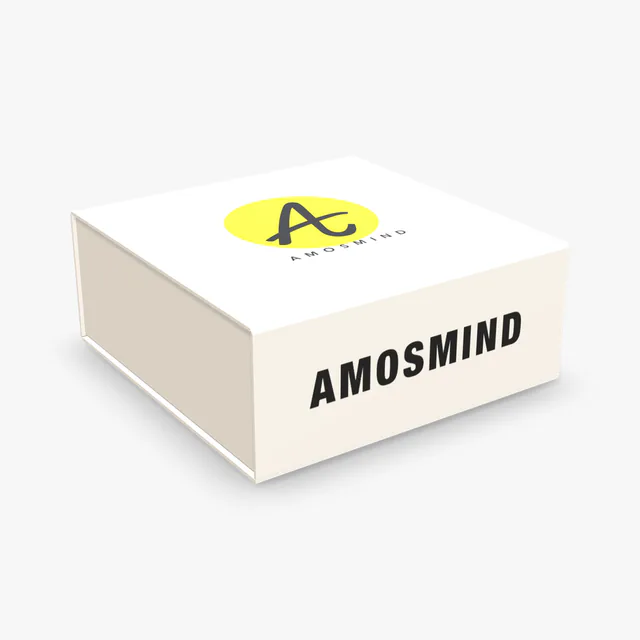 White magnetic box mockup with AmosMind artwork