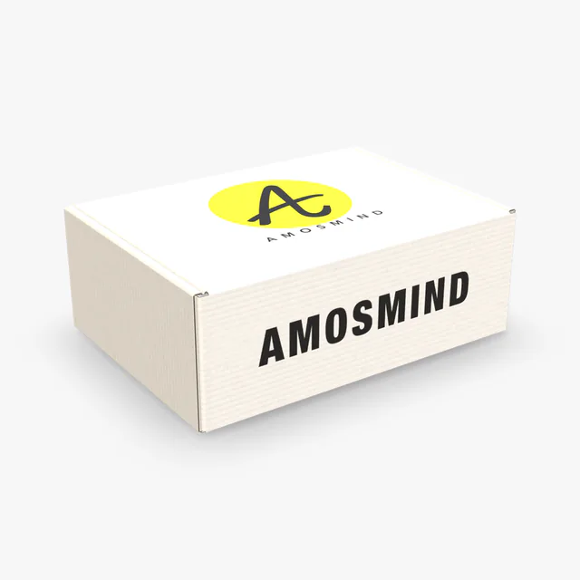 White mailer box mockup with AmosMind artwork