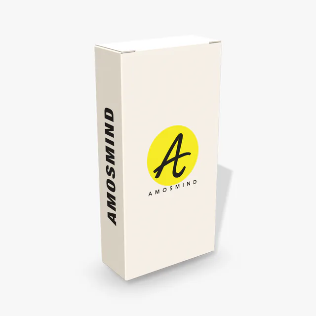 White medicine box mockup with AmosMind artwork