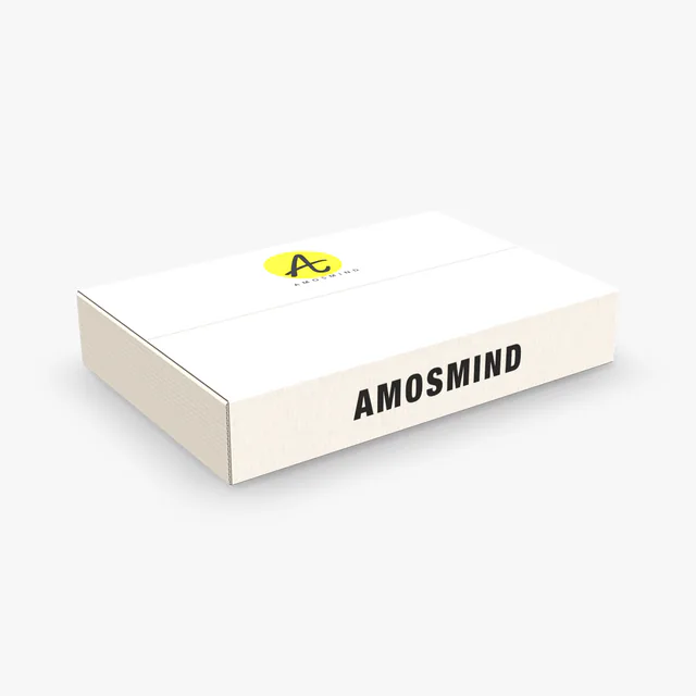 White one-piece folder box mockup with AmosMind artwork