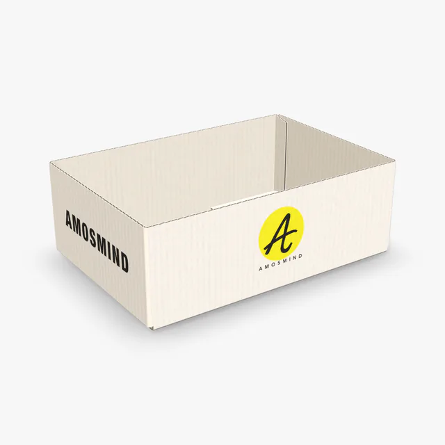 White open-top box mockup with AmosMind artwork