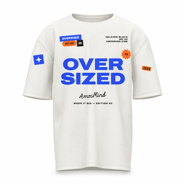 White oversized T-shirt mockup with AmosMind artwork