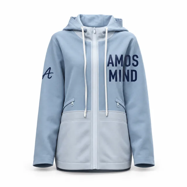 White-panel blue zip-up hoodie mockup with AmosMind artwork