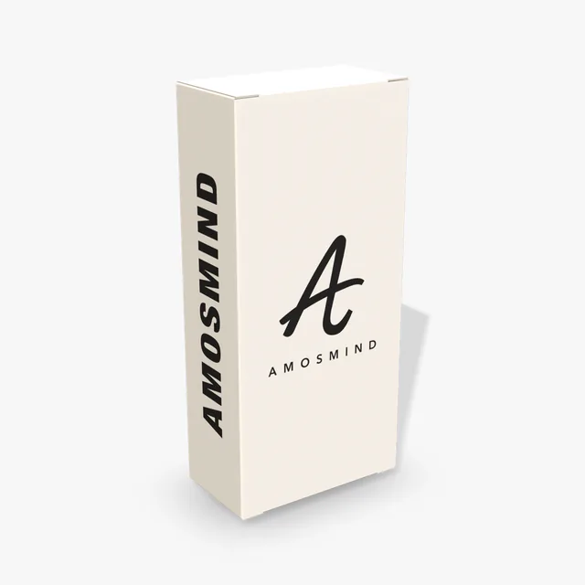 White perfume box mockup with AmosMind artwork