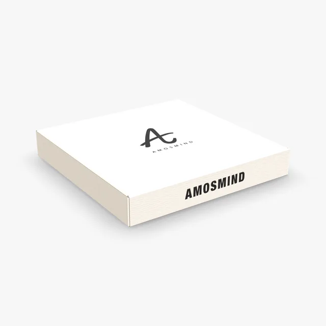 White pizza box mockup with AmosMind artwork