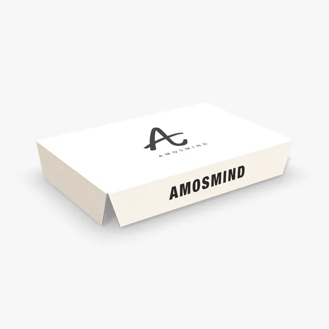 White platform box insert mockup with AmosMind artwork