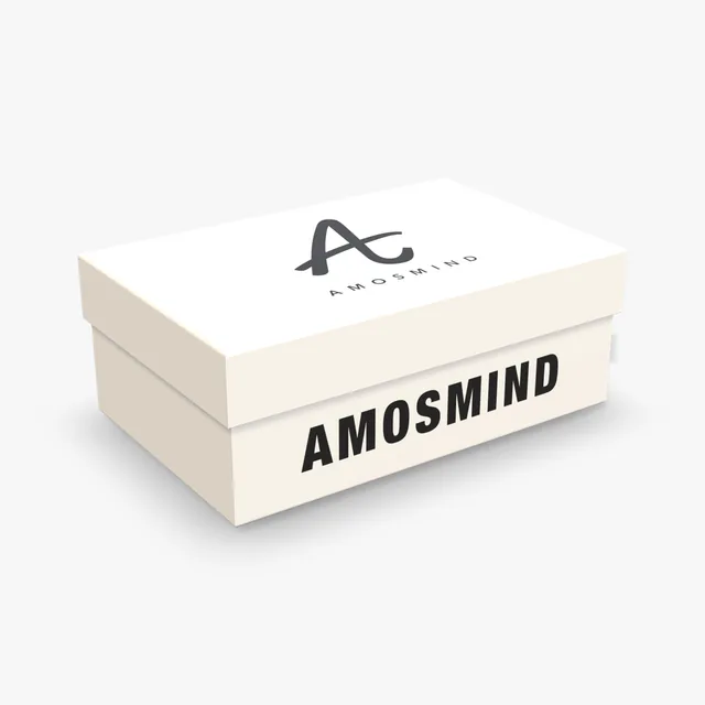 White rigid box mockup with AmosMind artwork