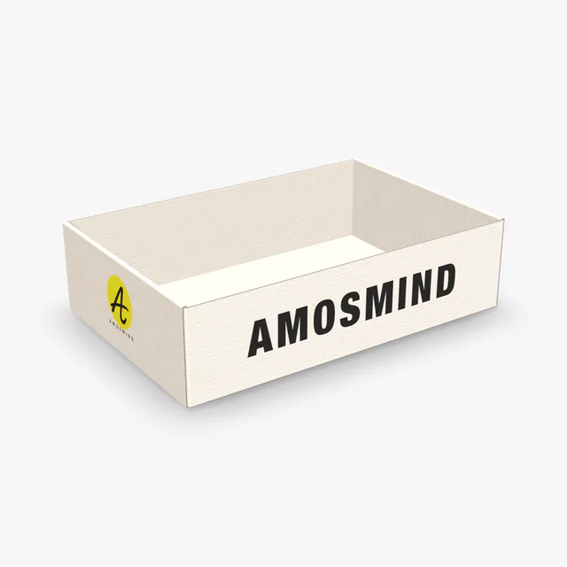 White roll-end tray box mockup with AmosMind artwork