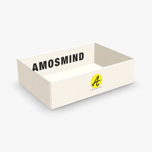 White roll-side tray box mockup with AmosMind artwork