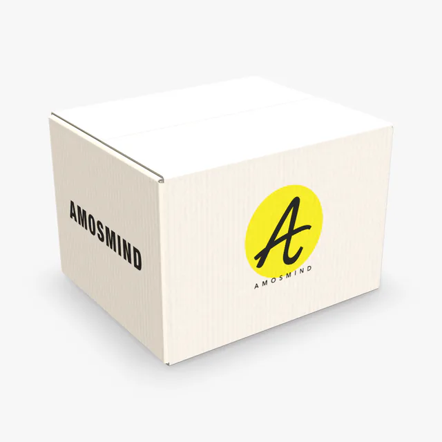 White shipping box mockup with AmosMind artwork
