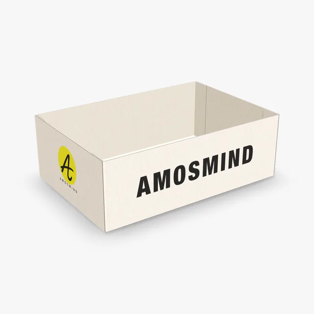 White side-flap tray box mockup with AmosMind artwork