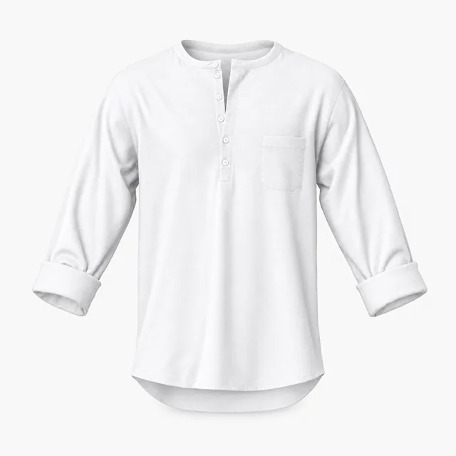 Blank white six-button pocket Henley with rolled sleeves mockup
