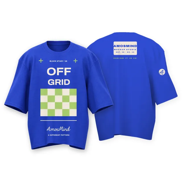 Wide boxy T-shirt mockup shown front and back with AmosMind artwork