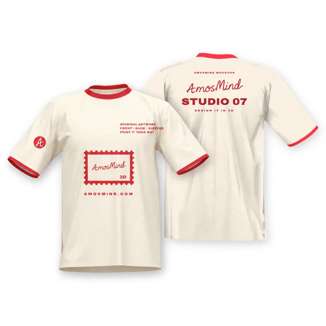 Wide crew-neck T-shirt mockup shown front and back with AmosMind artwork