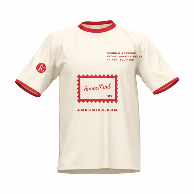 Wide crew-neck T-shirt mockup with AmosMind artwork