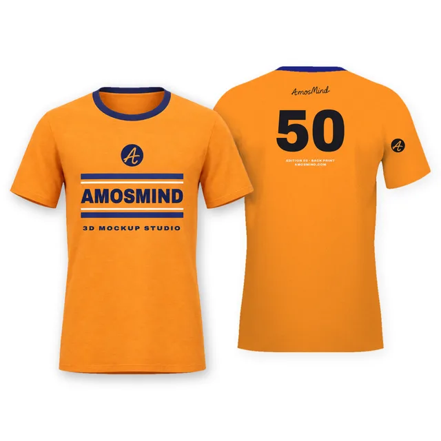 Wide-neck T-shirt mockup shown front and back with AmosMind artwork