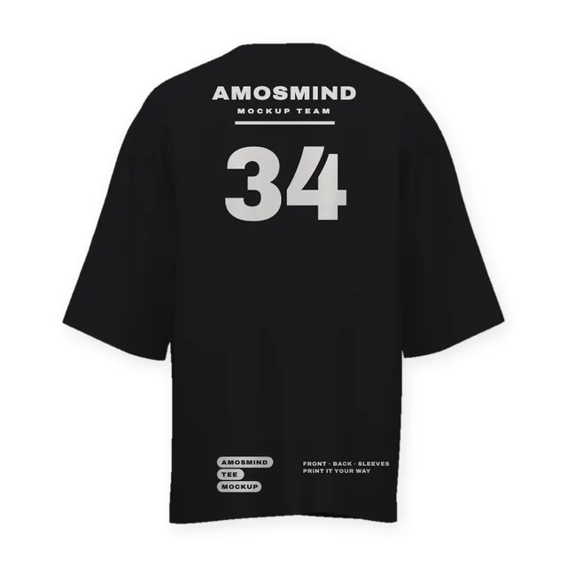 Back of the Wide-sleeve crew-neck T-shirt mockup with AmosMind artwork