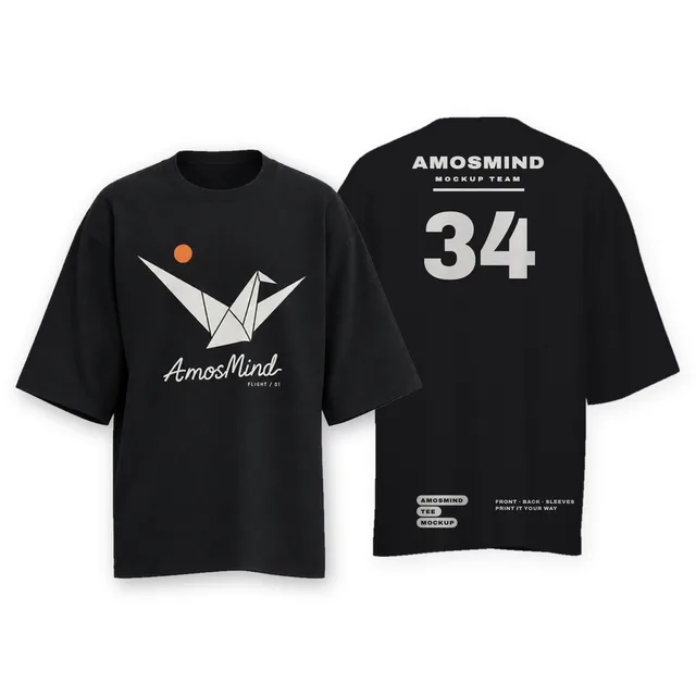 Wide-sleeve crew-neck T-shirt mockup shown front and back with AmosMind artwork