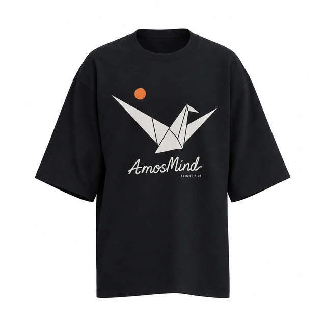 Wide-sleeve crew-neck T-shirt mockup with AmosMind artwork