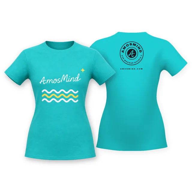 Women's cap-sleeve T-shirt mockup shown front and back with AmosMind artwork