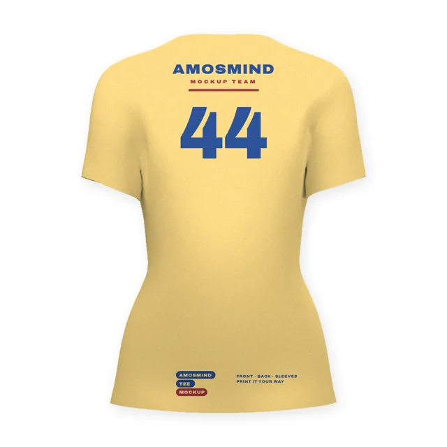 Back of the Women's crew-neck T-shirt mockup with AmosMind artwork