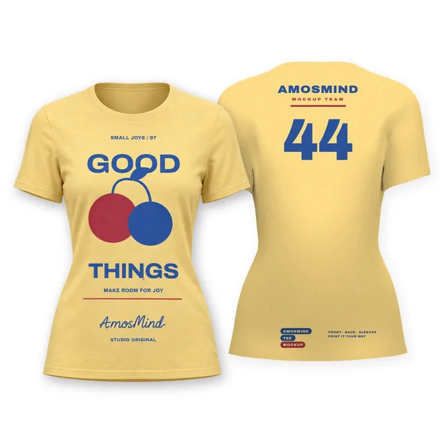Women's crew-neck T-shirt mockup shown front and back with AmosMind artwork