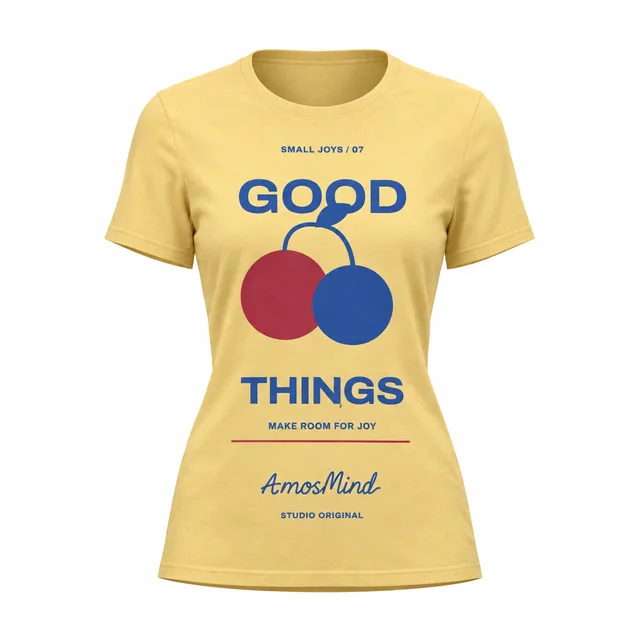 Women's crew-neck T-shirt mockup with AmosMind artwork
