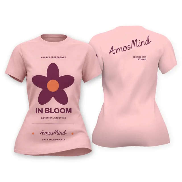 Women's fitted T-shirt mockup shown front and back with AmosMind artwork