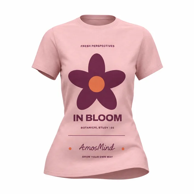 Women's fitted T-shirt mockup with AmosMind artwork