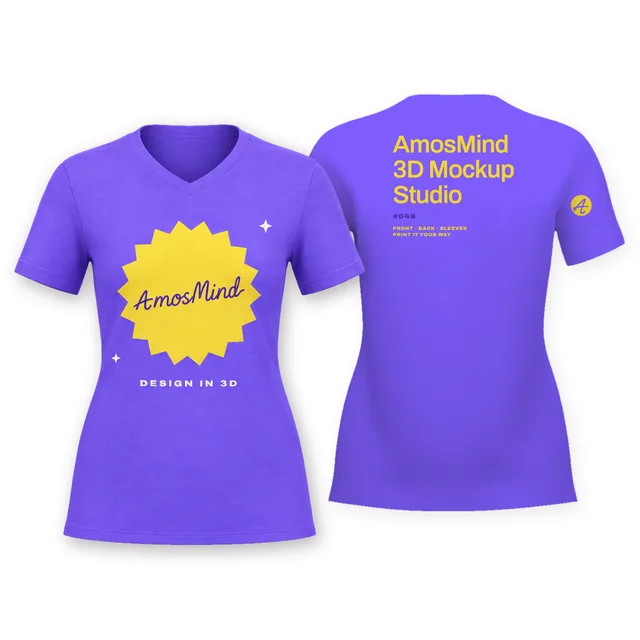 Women's V-neck T-shirt mockup shown front and back with AmosMind artwork