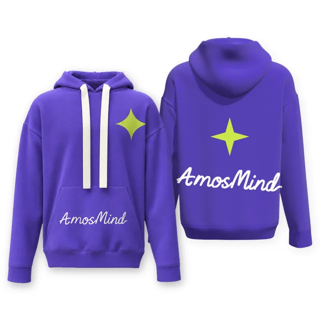 Baggy hoodie mockup shown front and back with AmosMind artwork