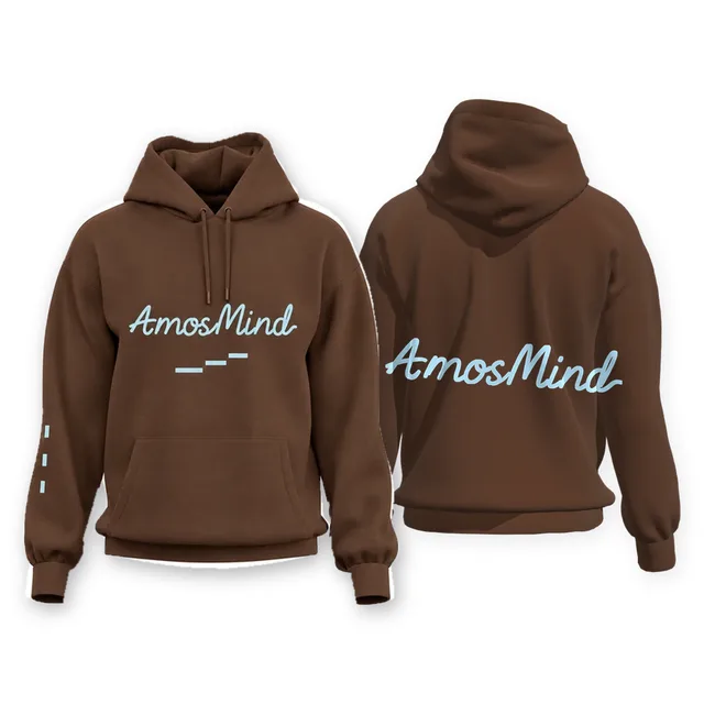 Classic pullover hoodie mockup shown front and back with AmosMind artwork