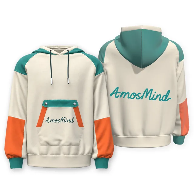 Color-block hoodie mockup shown front and back with AmosMind artwork