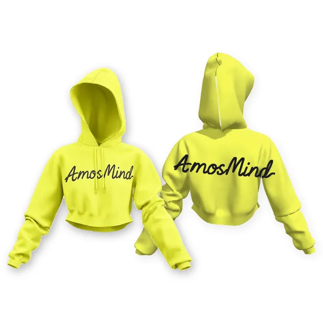 Cropped hoodie mockup shown front and back with AmosMind artwork