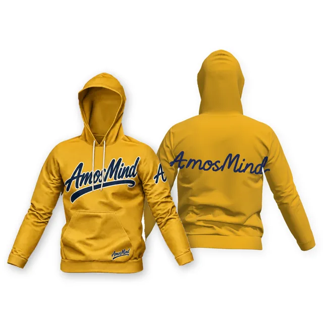 Drawstring hoodie mockup shown front and back with AmosMind artwork