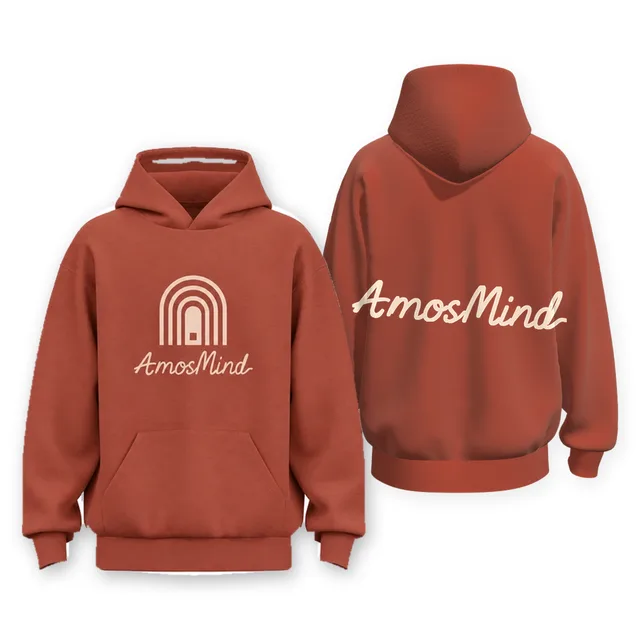 Drop-shoulder pullover hoodie mockup shown front and back with AmosMind artwork