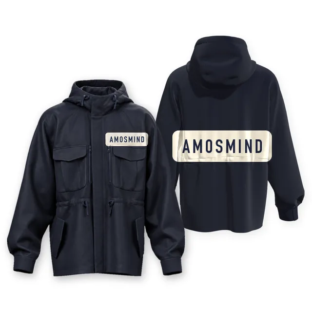 Four-pocket navy hoodie jacket mockup shown front and back
