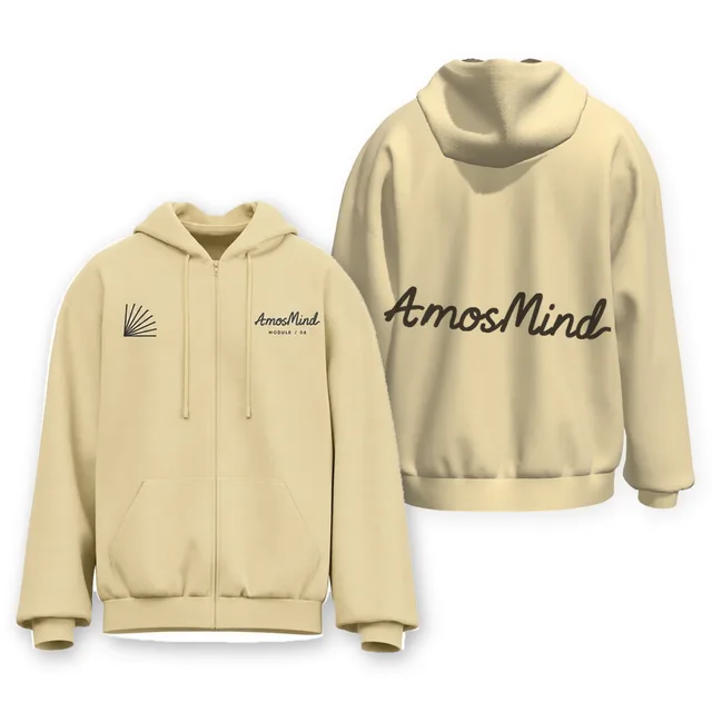 Full-zip hoodie mockup shown front and back with AmosMind artwork