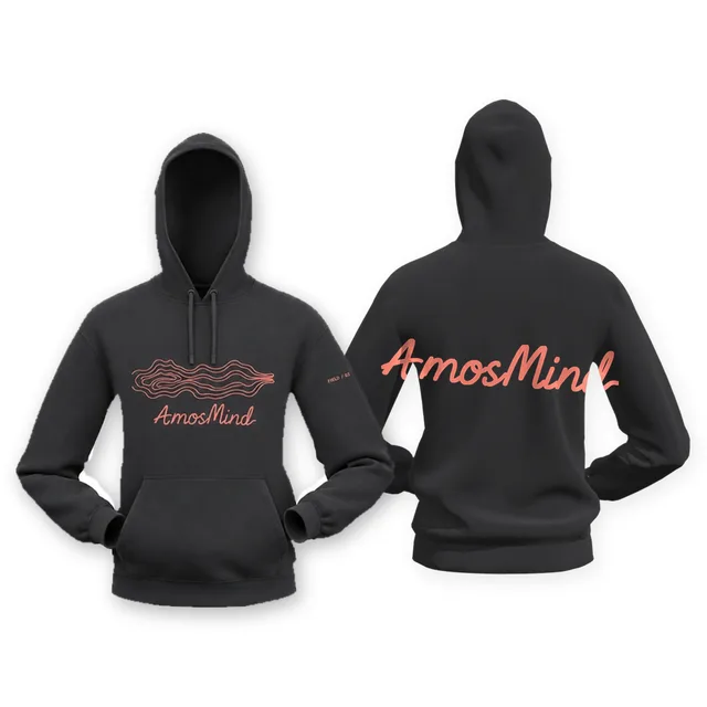Hands-in-pocket hoodie mockup shown front and back with AmosMind artwork