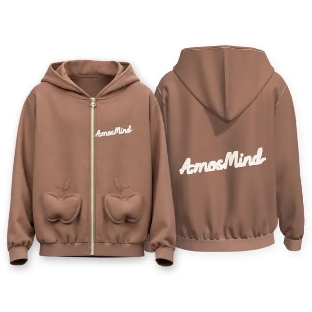 Heart-pocket zip-up hoodie mockup shown front and back