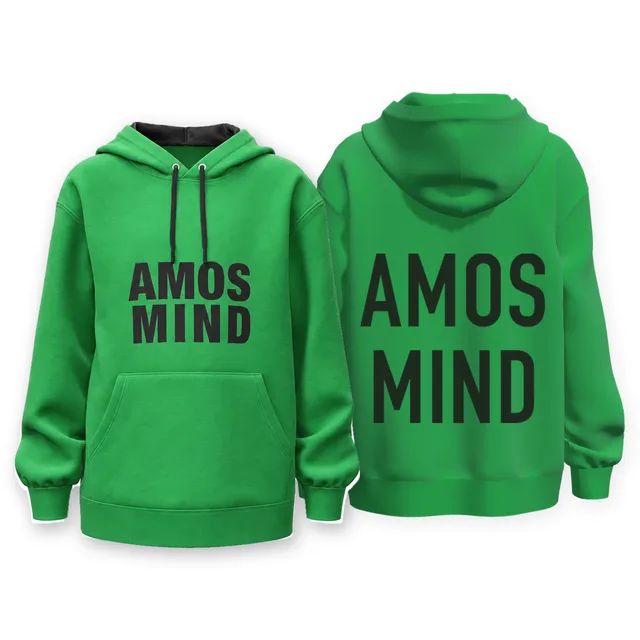 Kids' pullover hoodie mockup shown front and back with AmosMind artwork