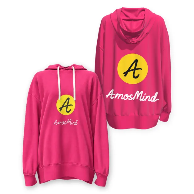 Longline oversized hoodie mockup shown front and back with AmosMind artwork