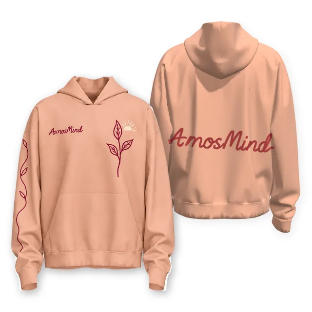 Oversized cotton pullover hoodie mockup shown front and back with AmosMind artwork
