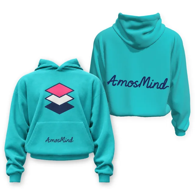 Oversized cropped hoodie mockup shown front and back with AmosMind artwork