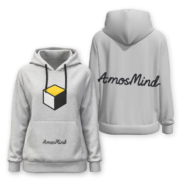 Regular-fit pullover hoodie mockup shown front and back with AmosMind artwork