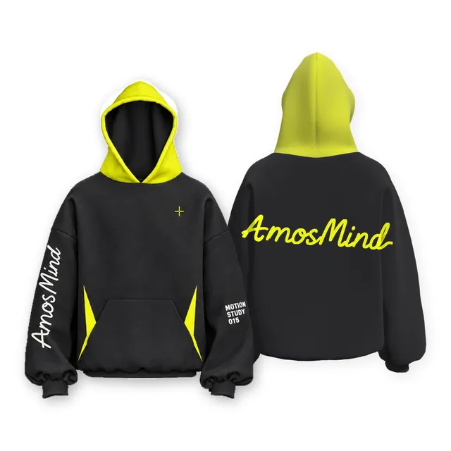 Relaxed pullover hoodie mockup shown front and back with AmosMind artwork