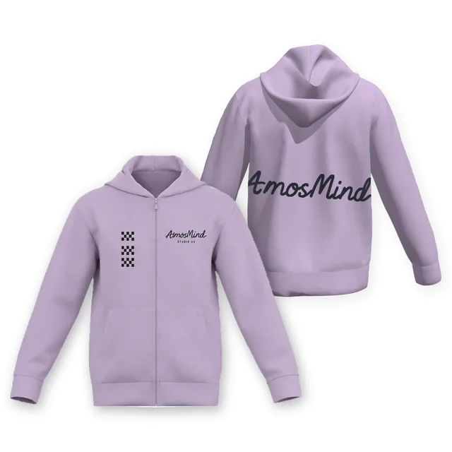 Relaxed zip hoodie mockup shown front and back with AmosMind artwork