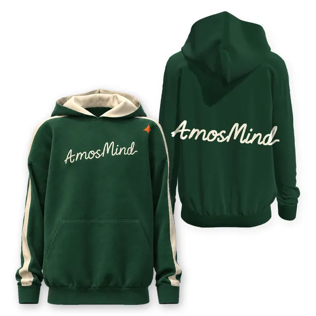 Striped-sleeve hoodie mockup shown front and back with AmosMind artwork