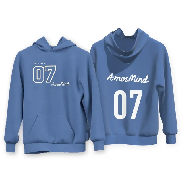 Suspended pullover hoodie mockup shown front and back with AmosMind artwork