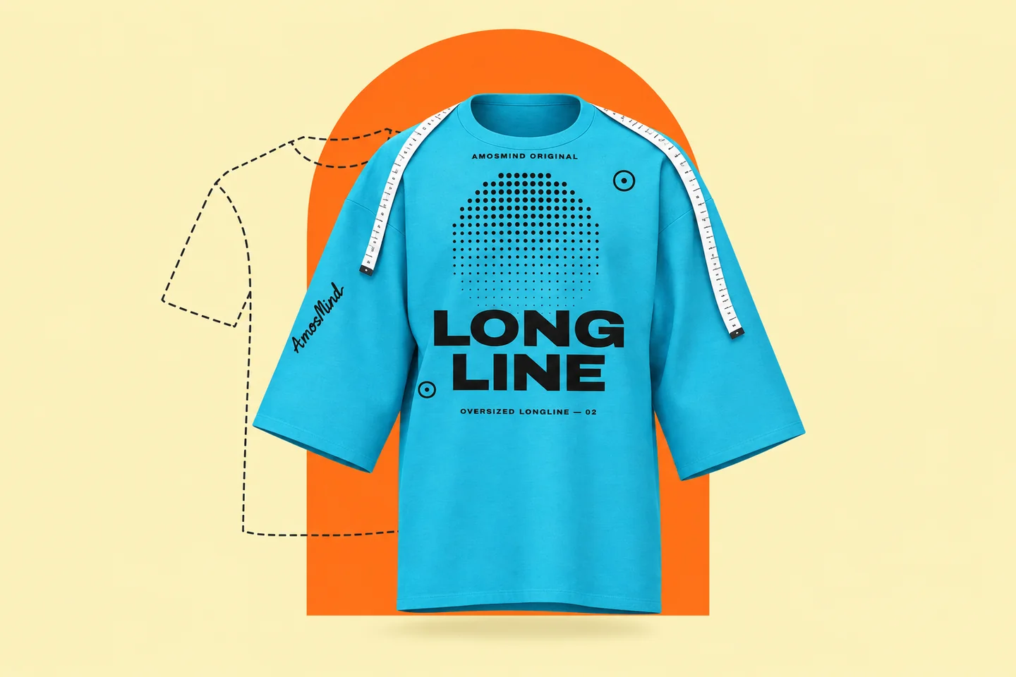 A cyan oversized longline T-shirt over the dashed outline of a regular-fit tee, with a measuring tape across its dropped shoulders